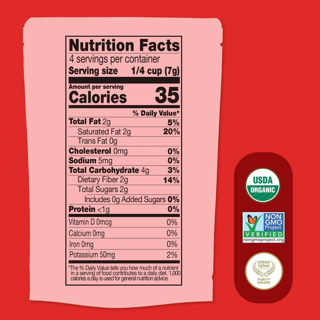 Organic coconut melts pouch Nutrition Facts label with 35 calories per serving