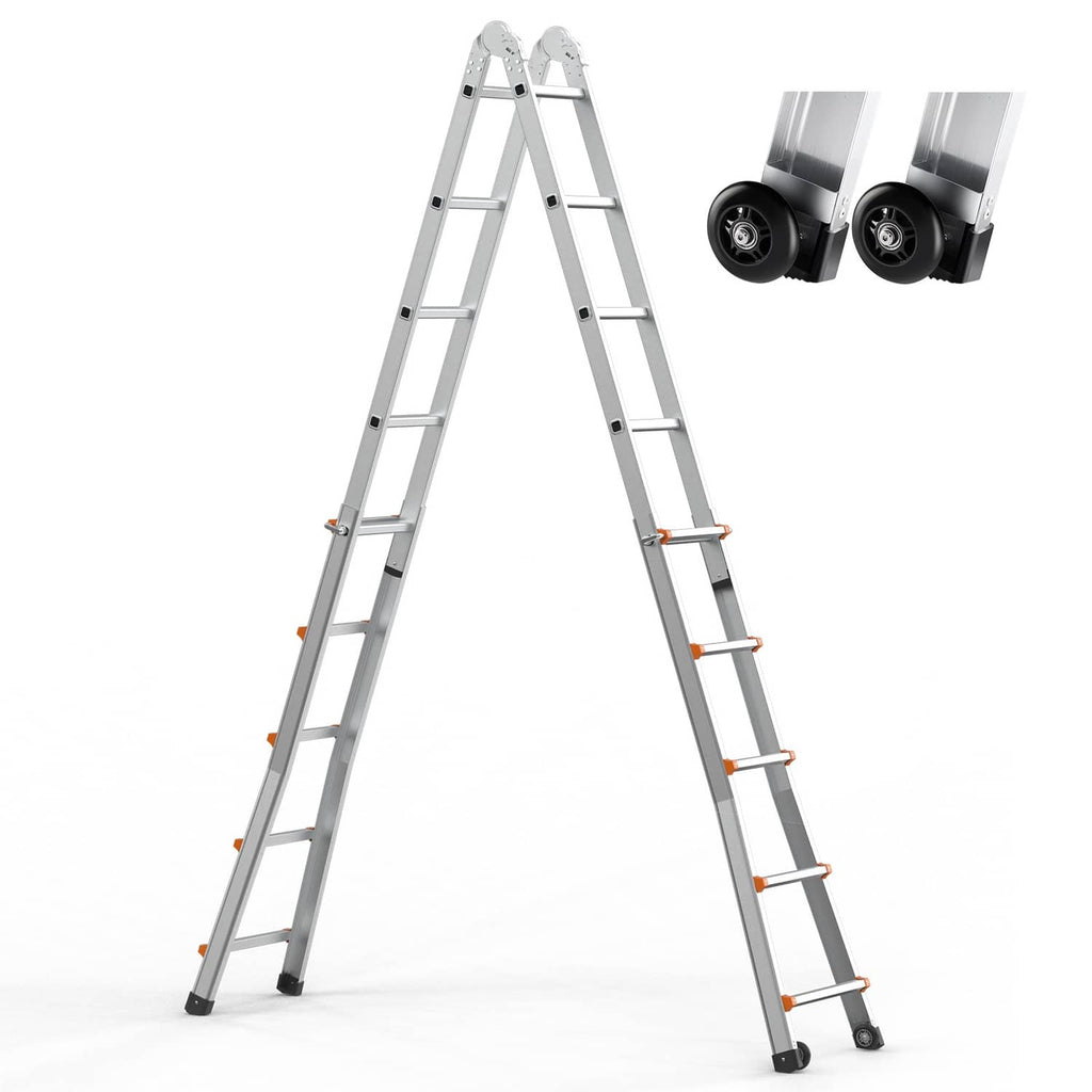 A-frame extension ladder with orange rung accents and top roller feet, silver frame