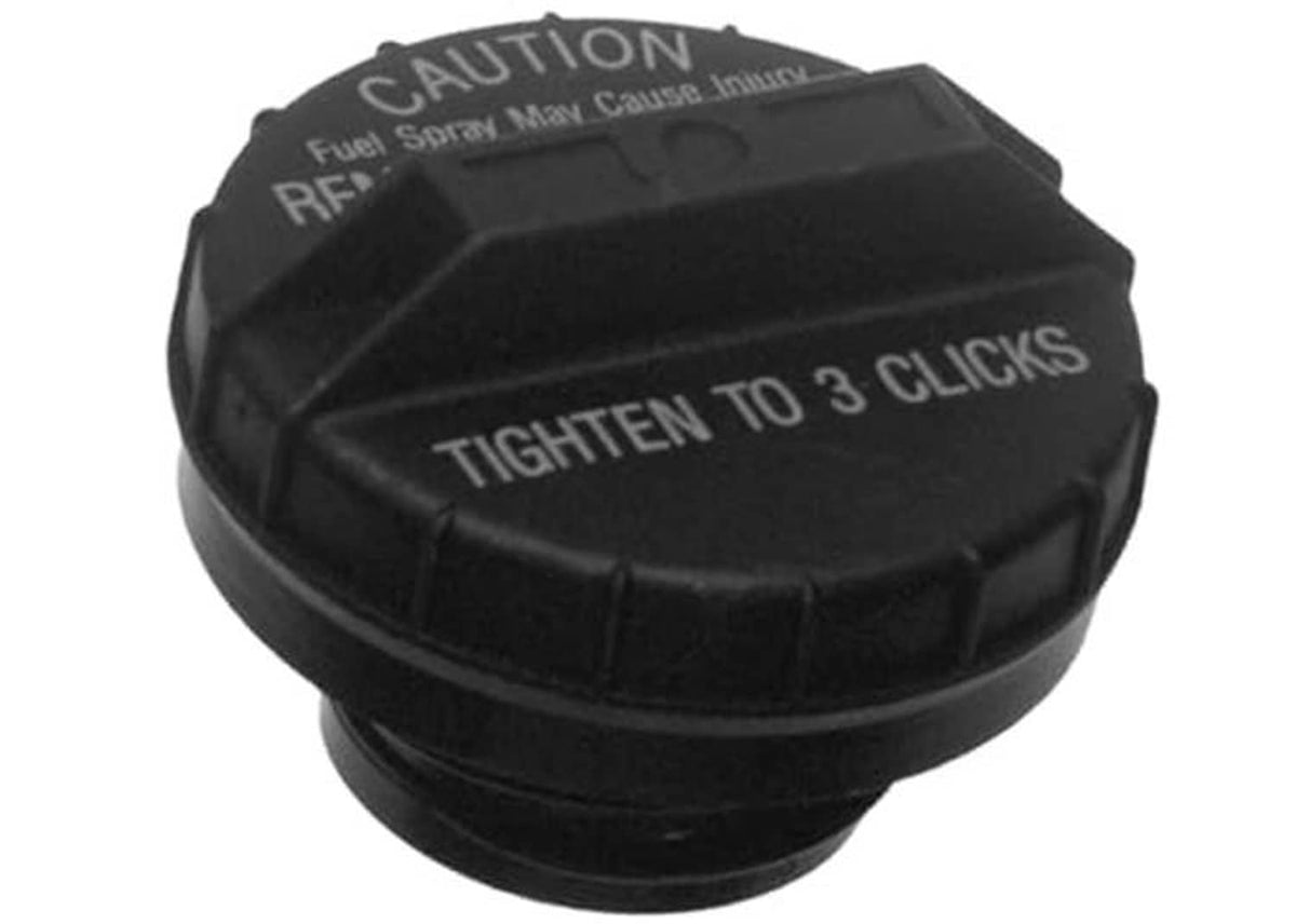 Fuel tank filler cap, black with caution text and “TIGHTEN TO 3 CLICKS”