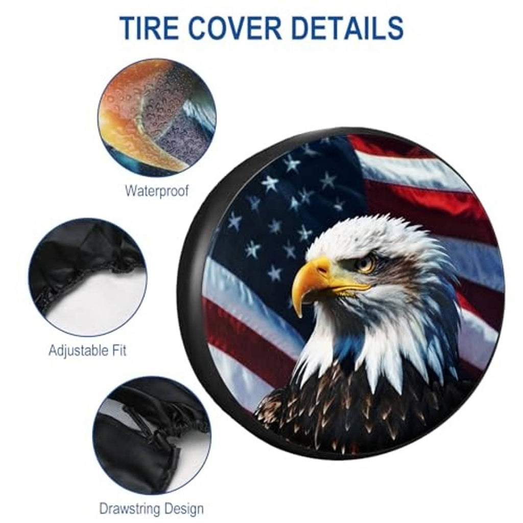 Round spare tire cover with bald eagle face over American flag pattern