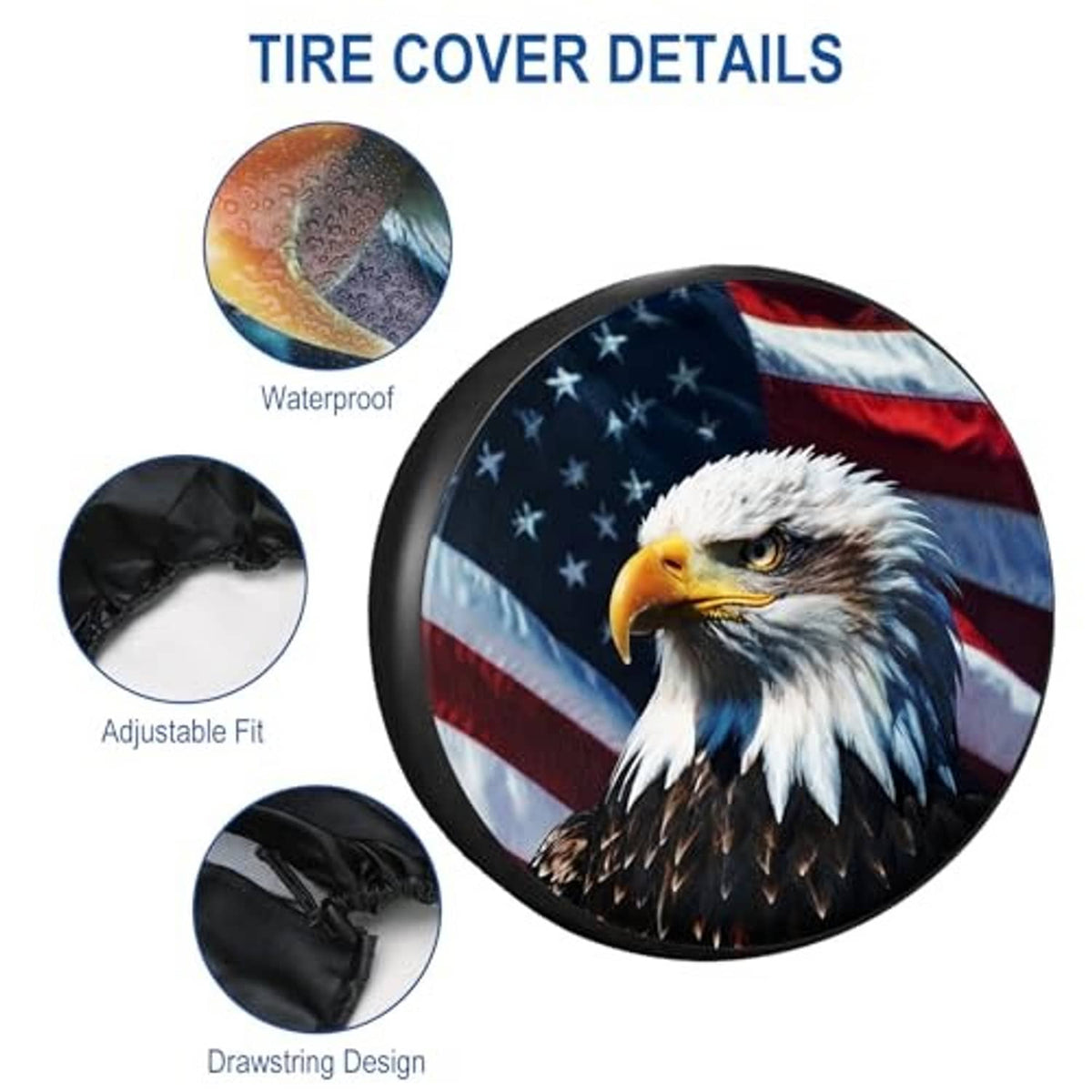 Round spare tire cover with bald eagle face over American flag pattern