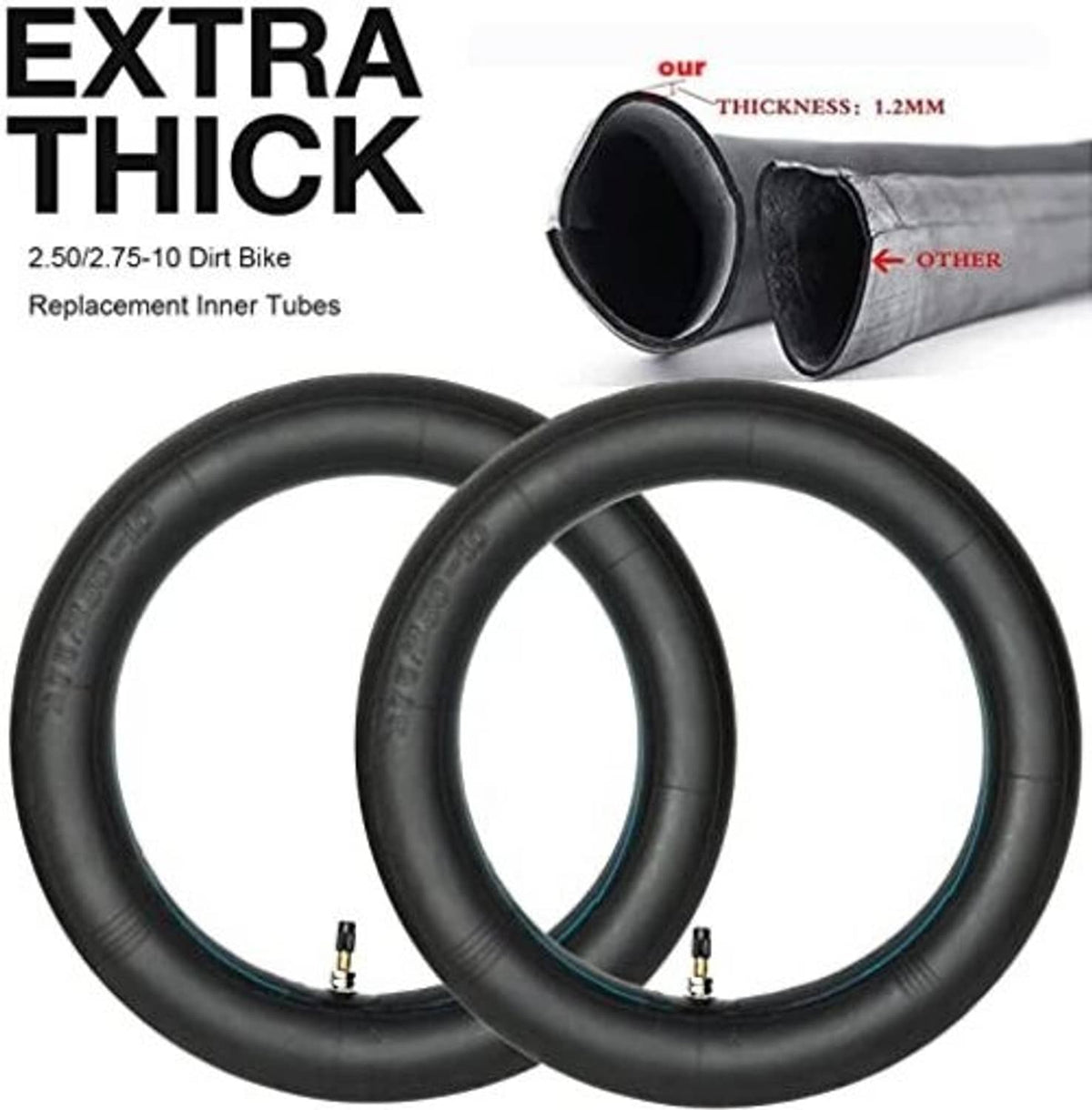 Extra-thick black dirt bike inner tubes with blue stripe and straight valve stems