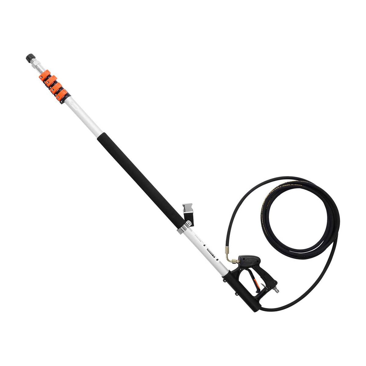 Telescoping pressure washer wand with connected high-pressure hose and spray gun connector