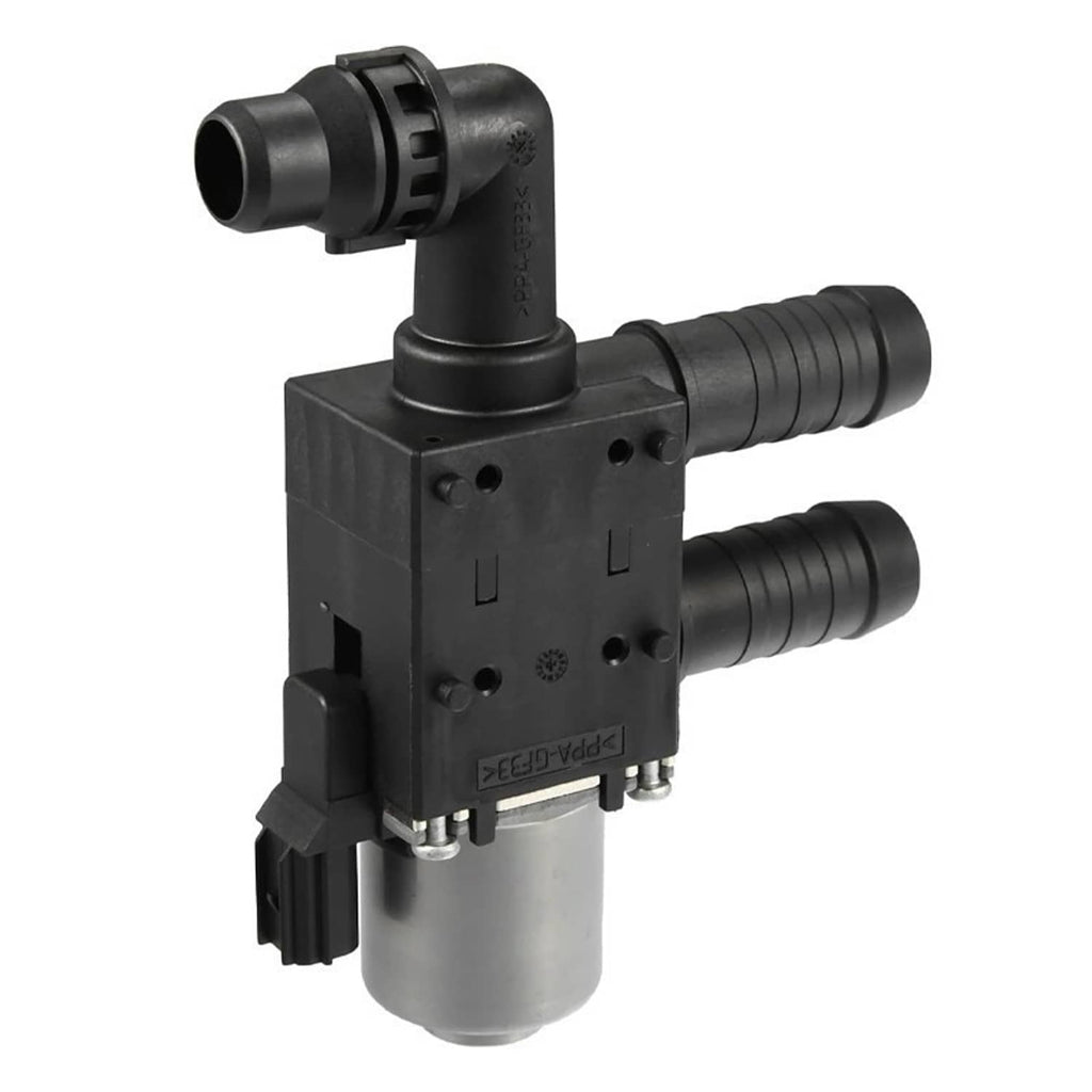 Engine heater control valve solenoid side view with two ribbed black hose lines