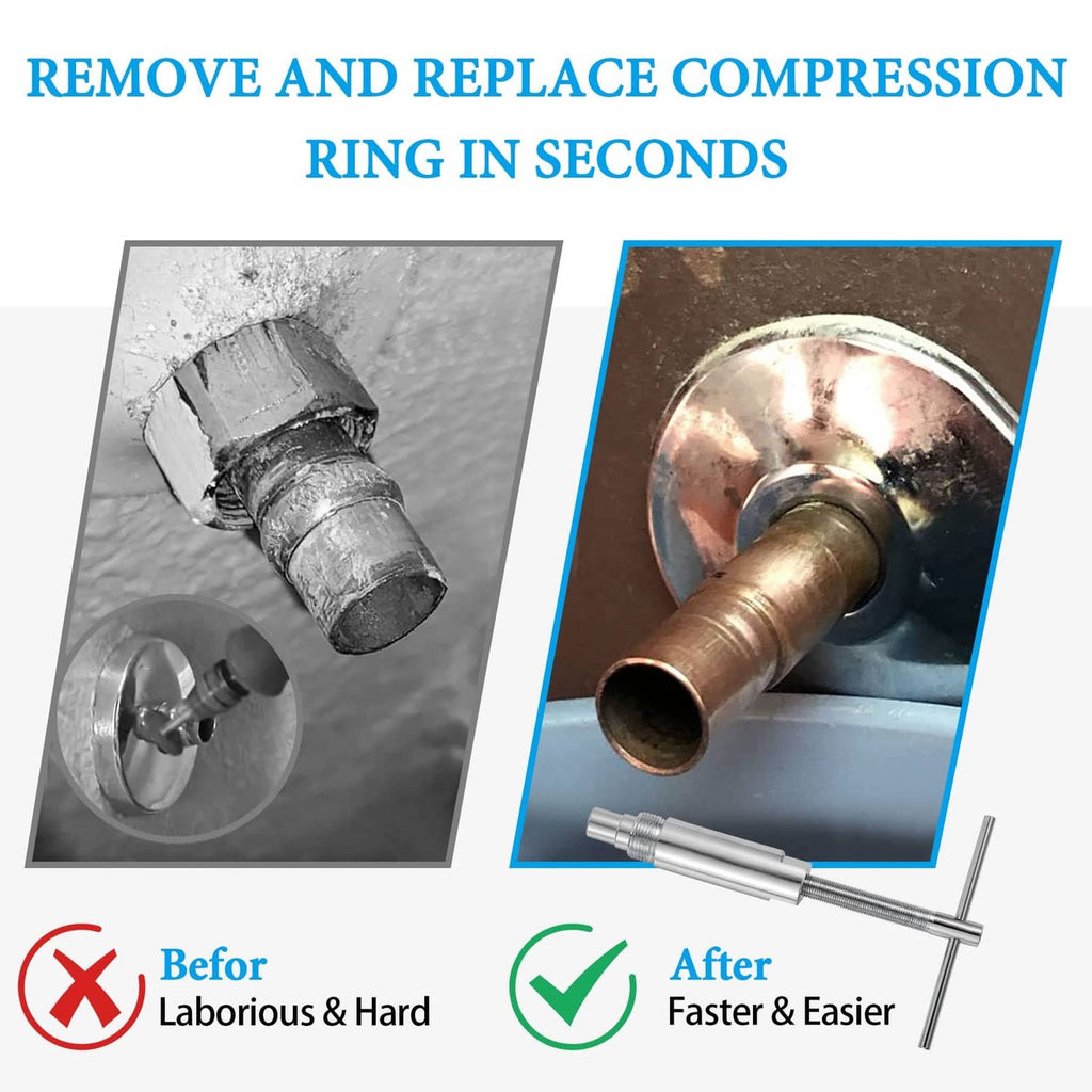 Compression ring remover tool holding a copper fitting sleeve, for quick replacement in seconds.