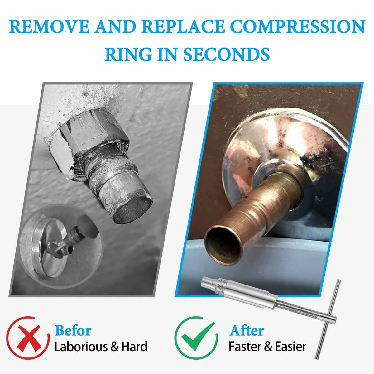 Compression ring remover tool holding a copper fitting sleeve, for quick replacement in seconds.