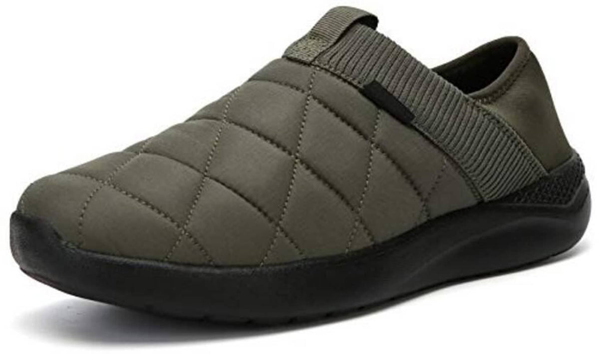 Side-view army green quilted slip-on slippers with ribbed elastic collar and black rubber sole