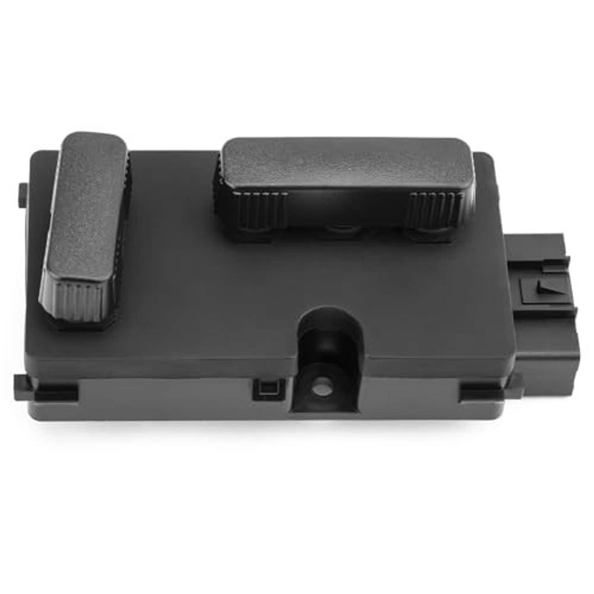 Power seat switch top view with three gray textured rocker pads and black base