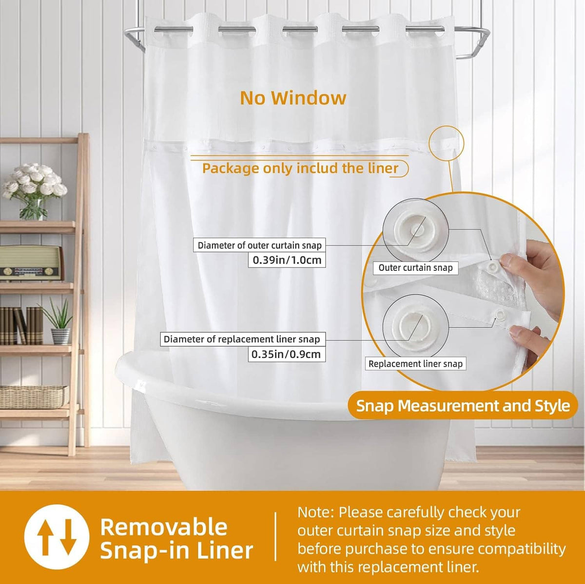 White shower curtain liner with snap-in top header and evenly spaced snap tabs