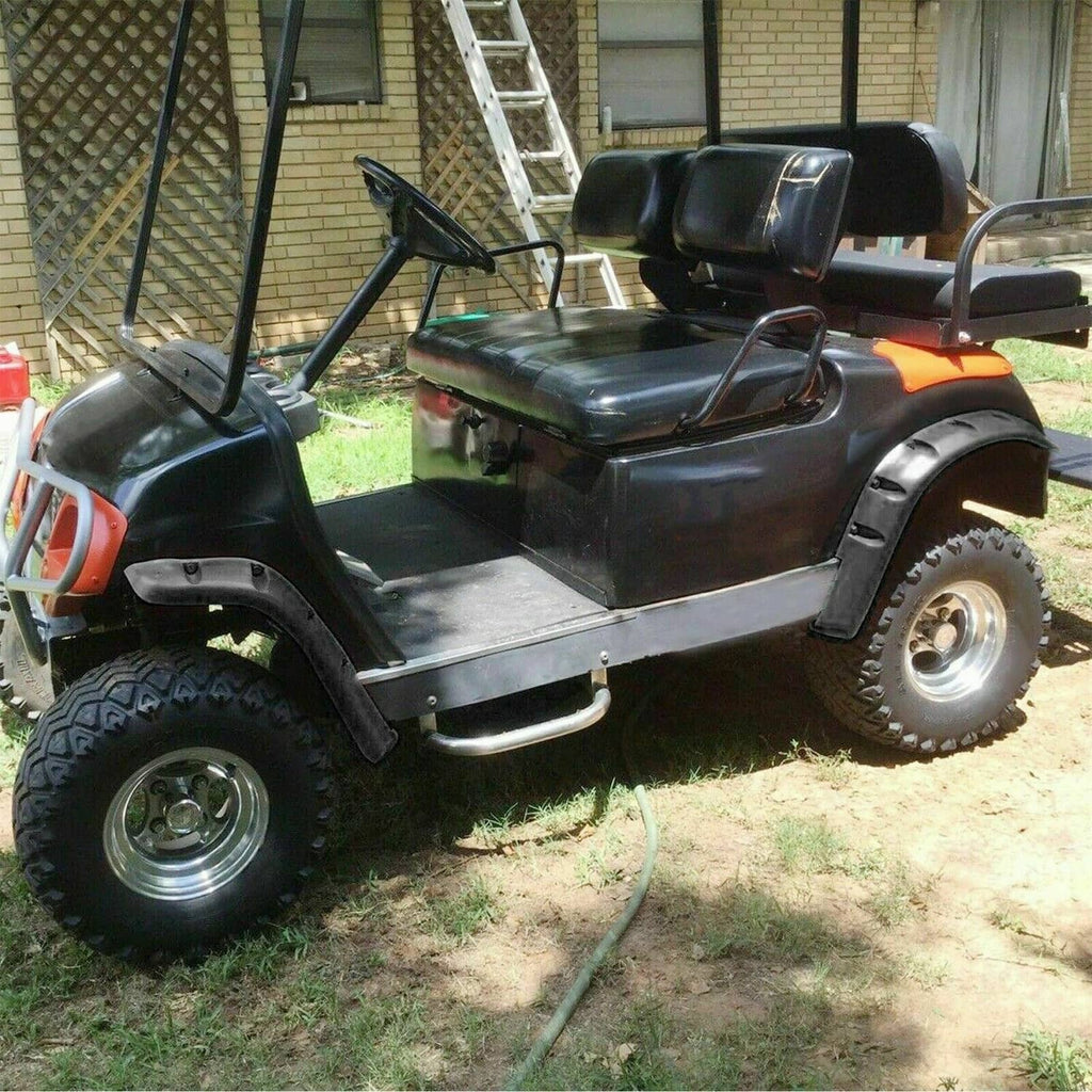 Golf cart showing installed front and rear fender flares in dark gray/black
