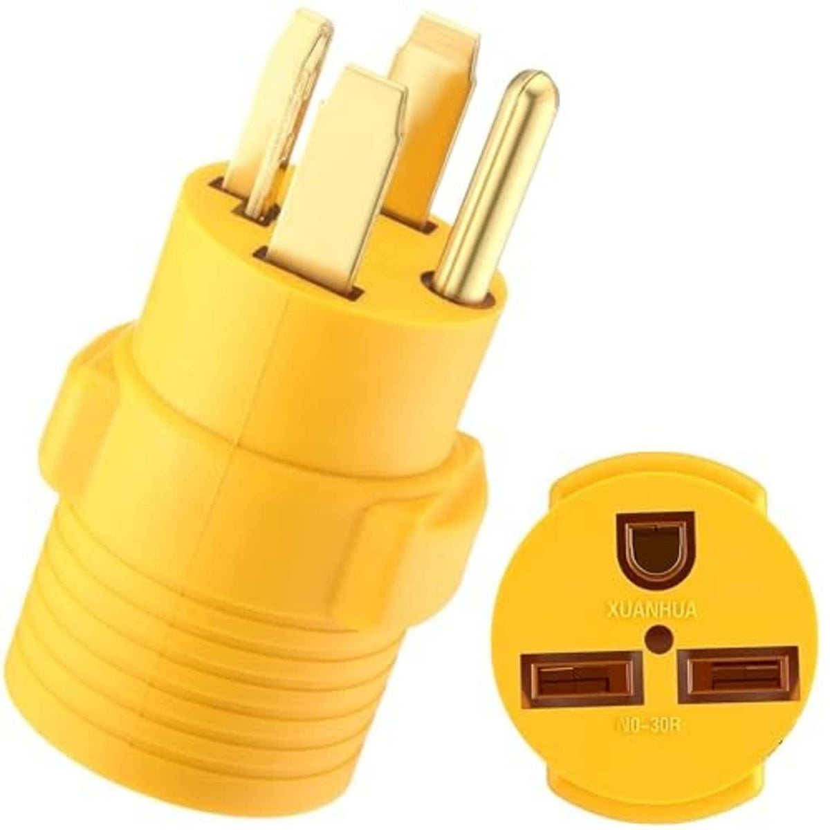 Yellow dryer-to-welder adapter showing three-prong plug and round female socket end
