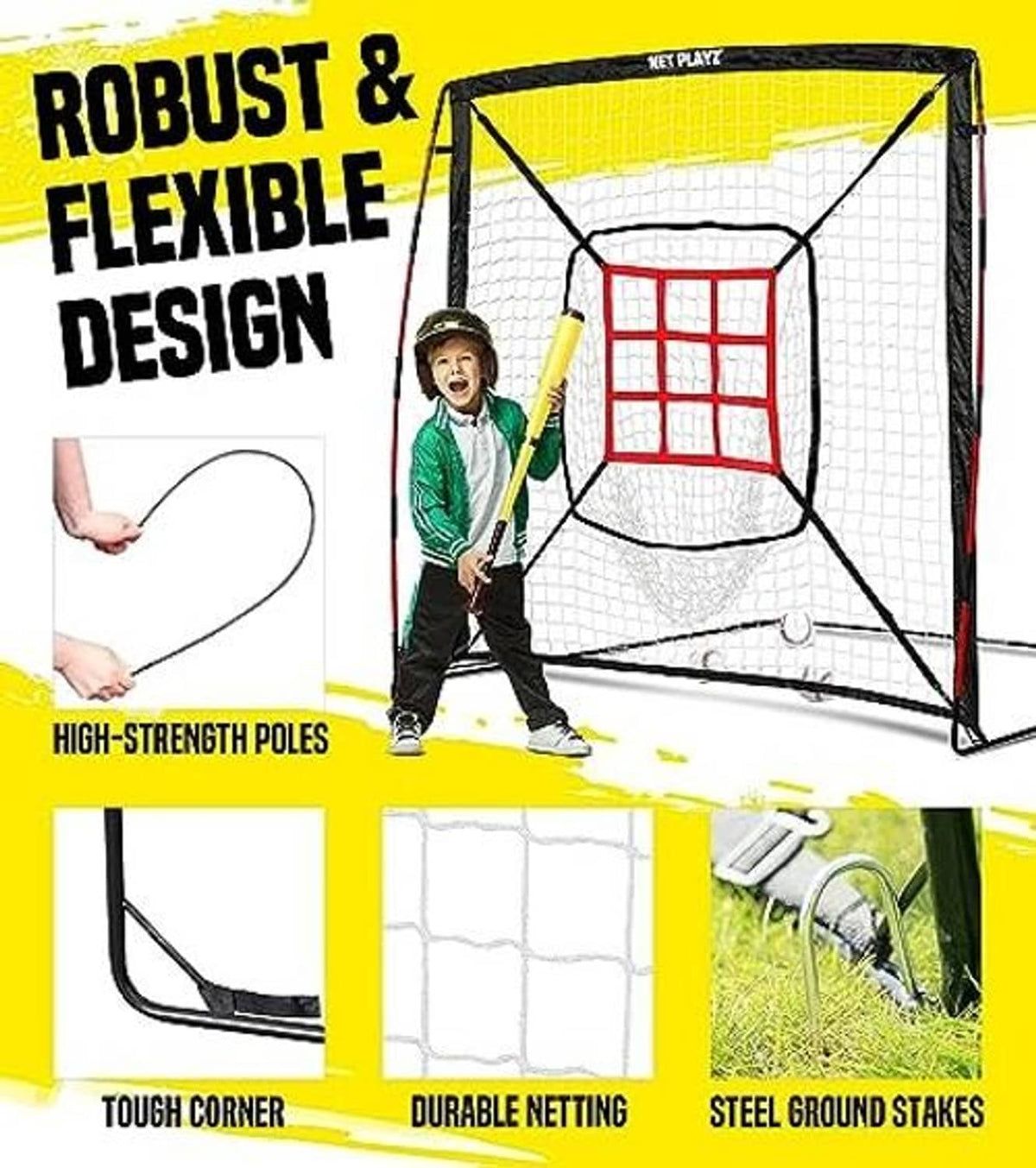 Baseball practice net with white mesh and red strike-zone grid, flexible pole frame