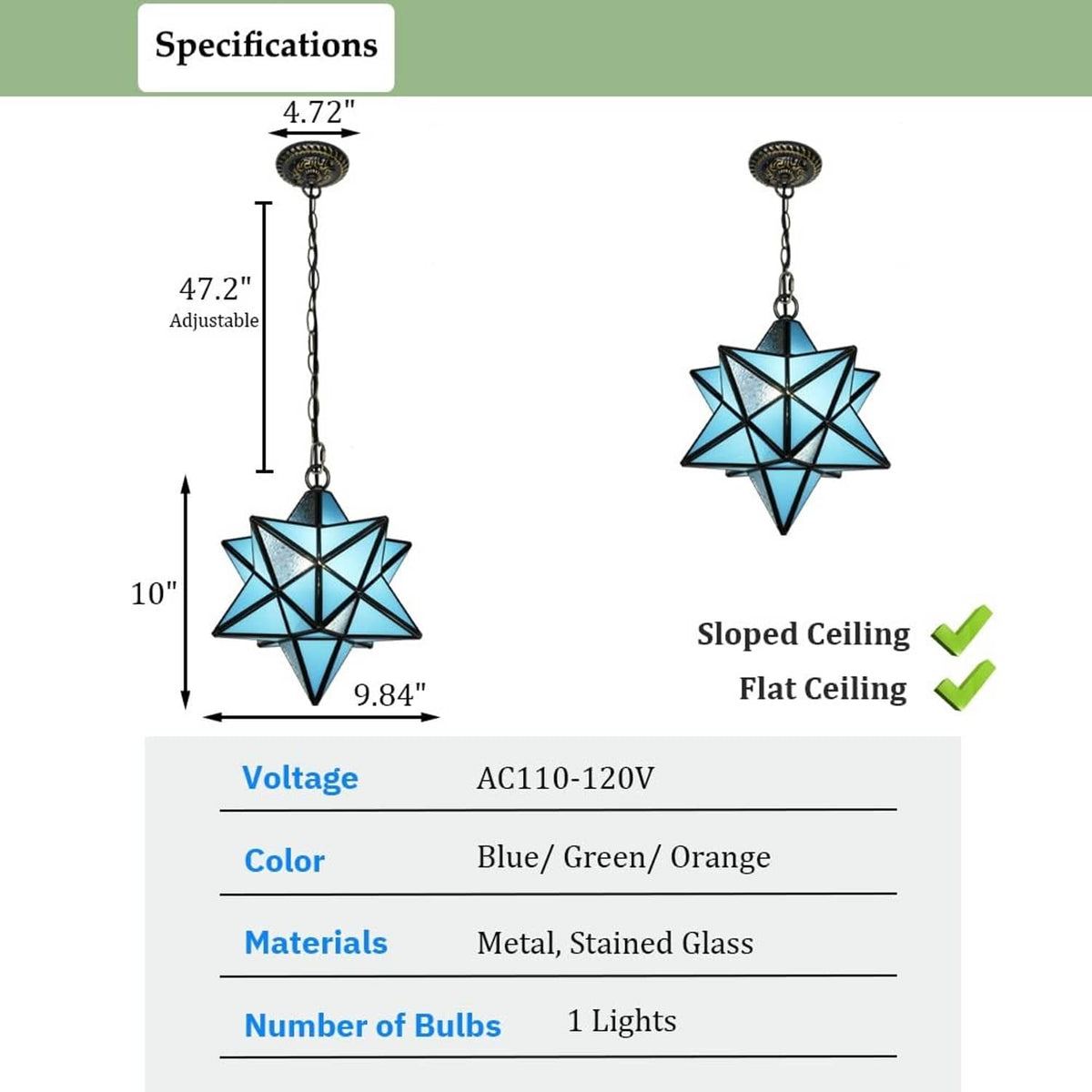 Star pendant light dimensions: 47.2 in adjustable chain, 10 in height, 9.84 in width
