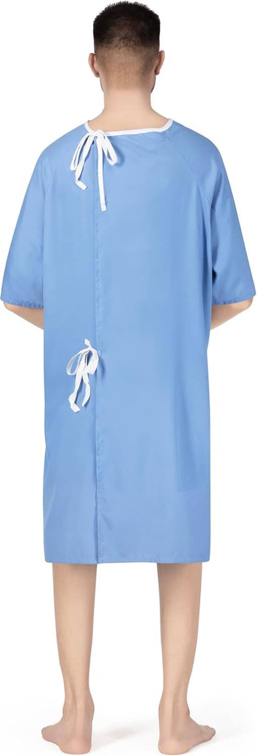 Men's patient hospital gown, light blue back view with neck and waist ribbon ties