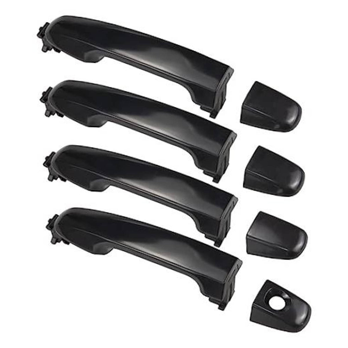 Black exterior door handle set with four pull handles and small mounting covers
