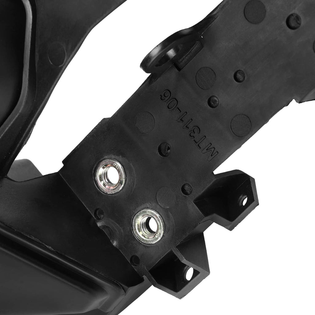 Black ABS fairing bracket stay close-up showing embossed marking and threaded holes