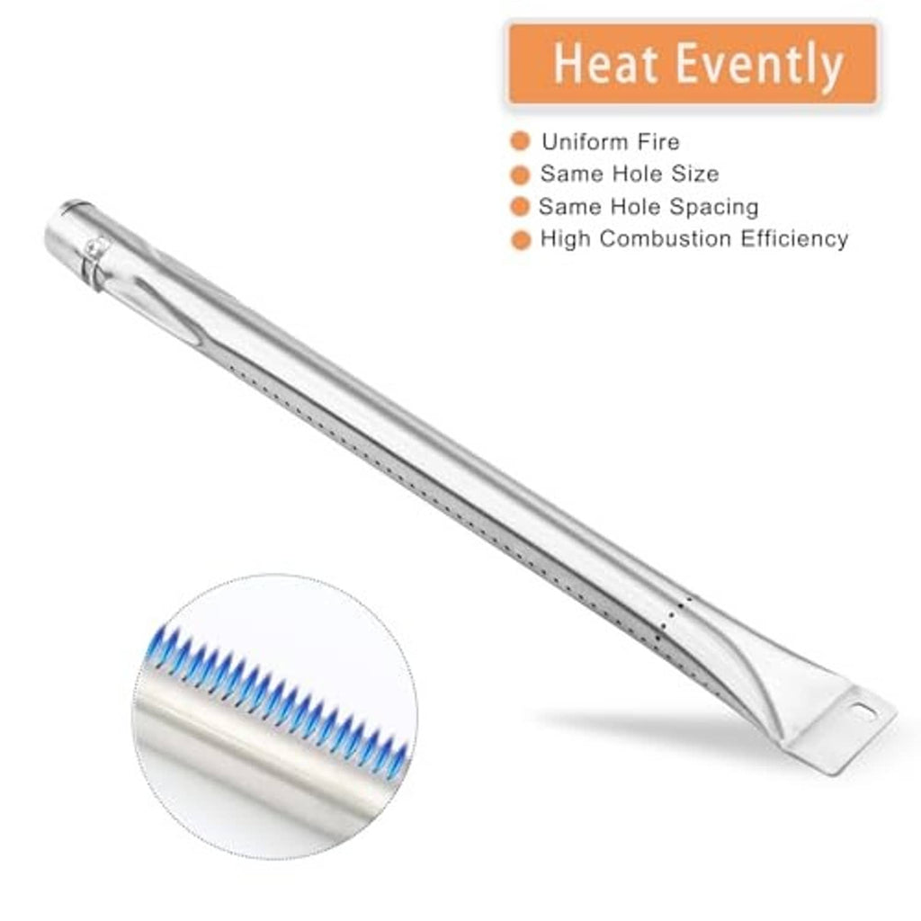Stainless steel grill burner tube with evenly spaced vent holes along the length