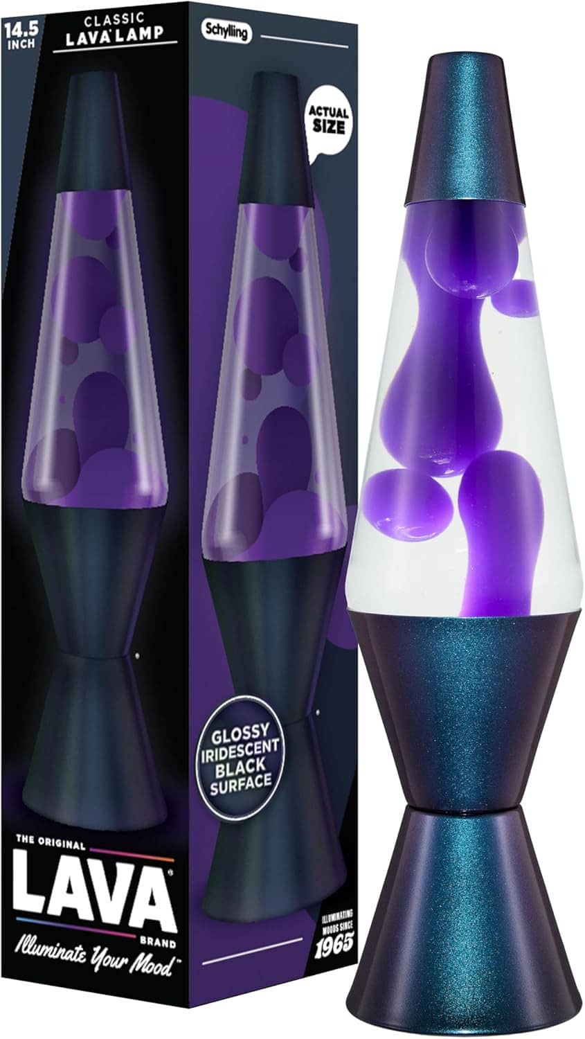Front of box for classic lava lamp: black base, purple wax, clear glass globe