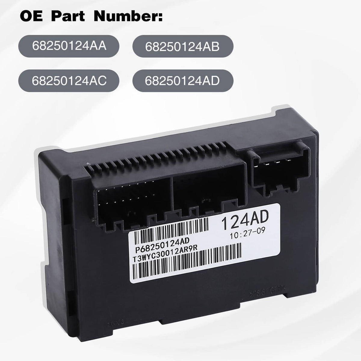 Transfer case control module with OE part number label and top connector, black housing