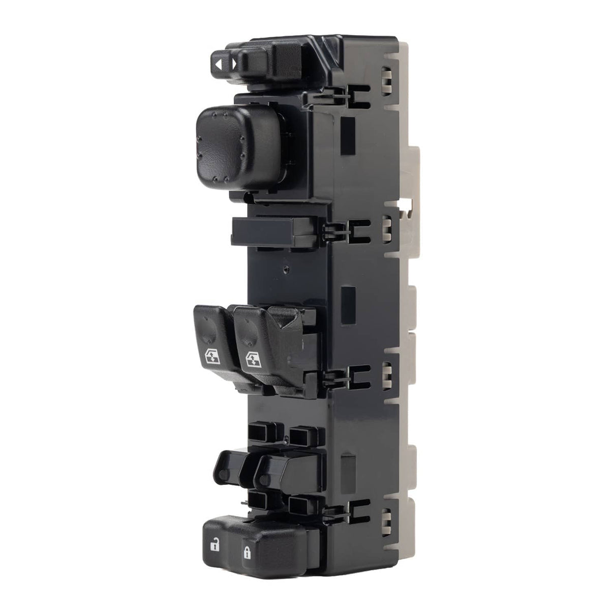 Power window switch rear view with rocker buttons and mounting tabs, black