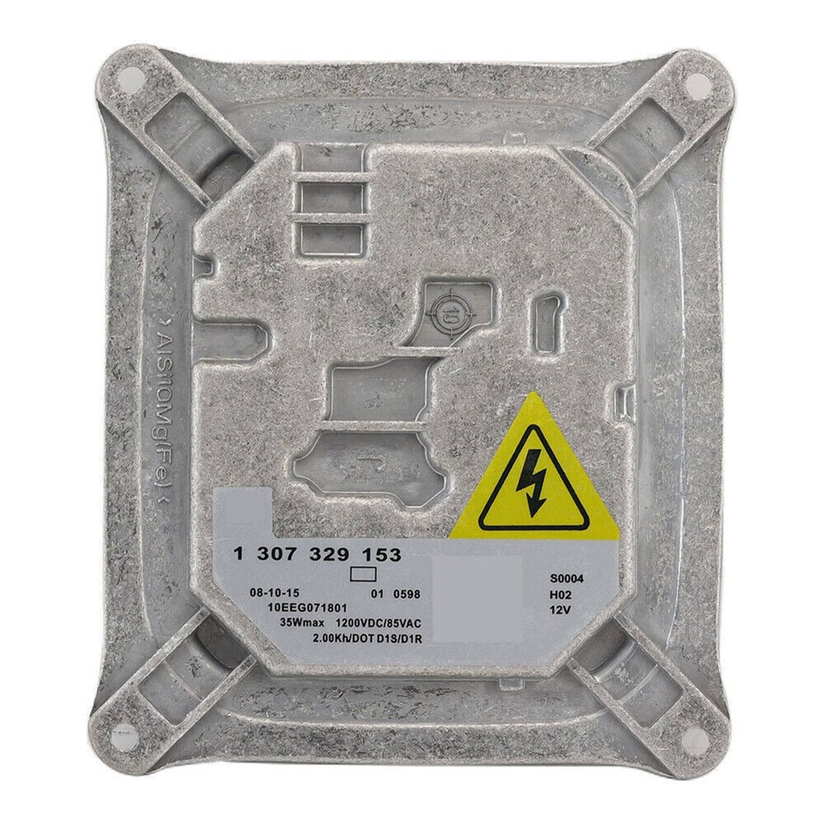 Xenon HID headlight ballast module exterior with mounting studs and hazard symbol