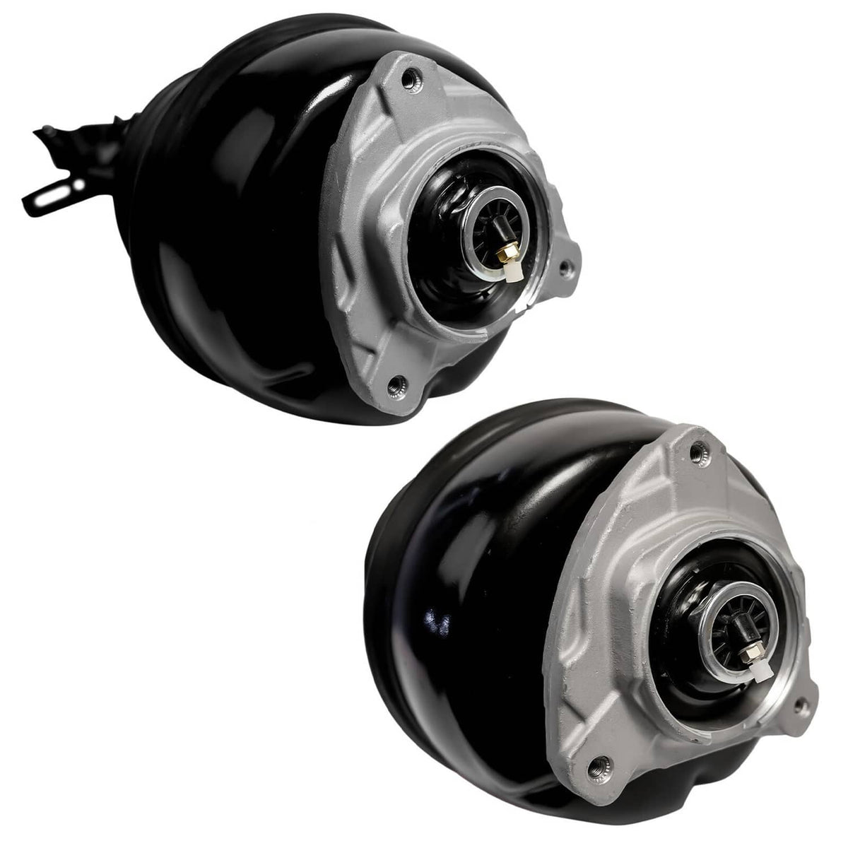 Front air suspension shock struts with black air springs and gray top mount housings, pair