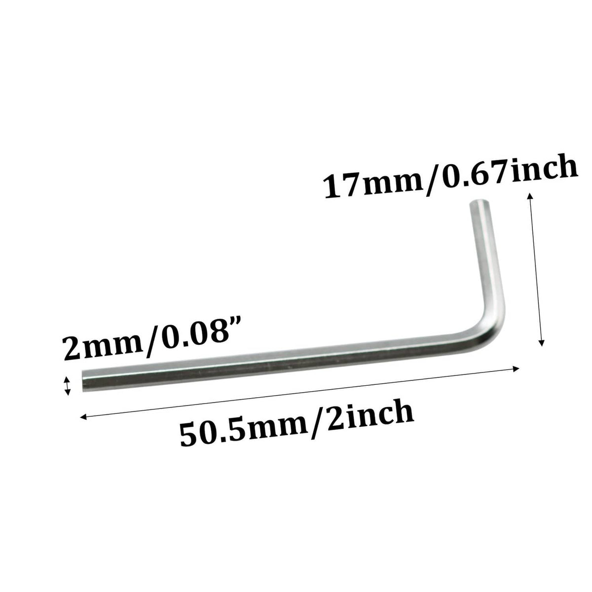 2 mm L-shaped hex key with short and long arms, silver metal