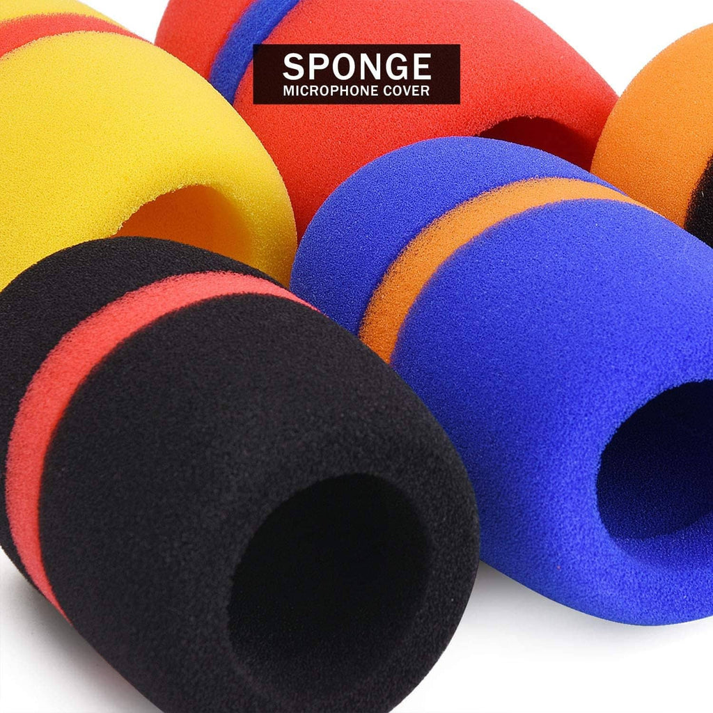 Colorful foam microphone covers with curved ends and banded black, blue, and orange