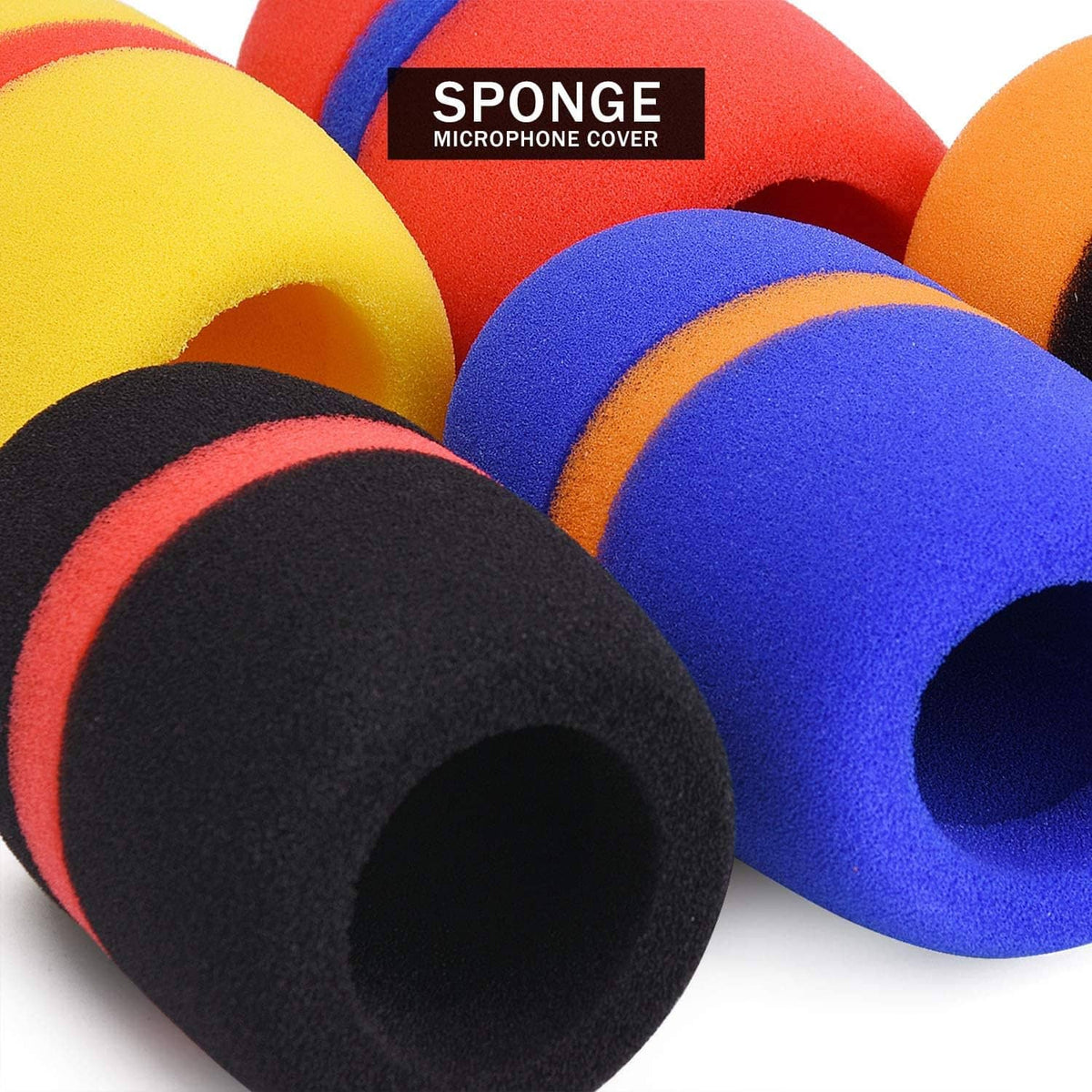 Colorful foam microphone covers with curved ends and banded black, blue, and orange