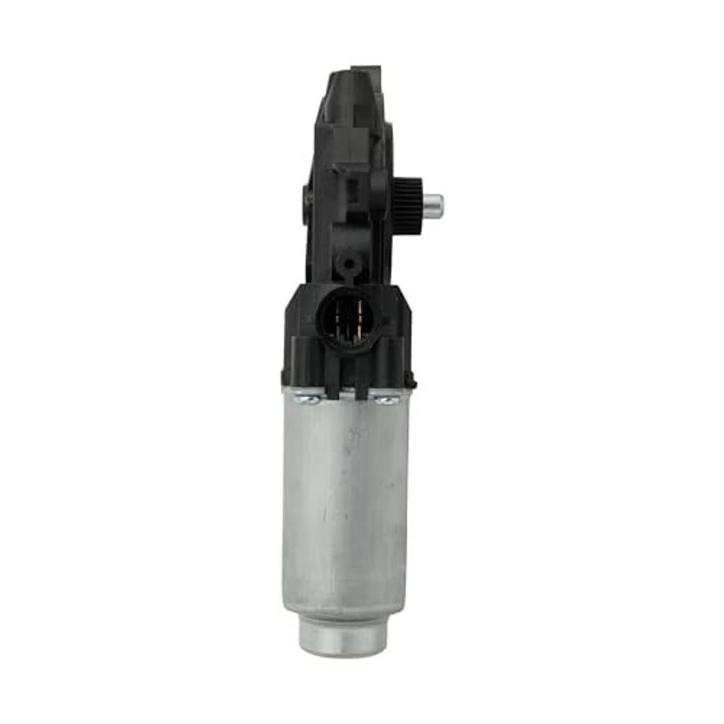 Power window motor straight side view with black bracket and silver cylindrical housing