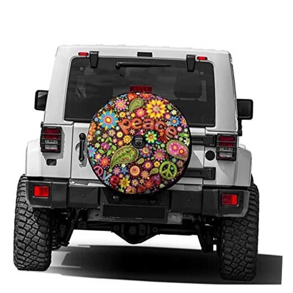 Spare tire cover with colorful floral peace design and round backup camera hole