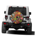 Spare tire cover with colorful floral peace design and round backup camera hole