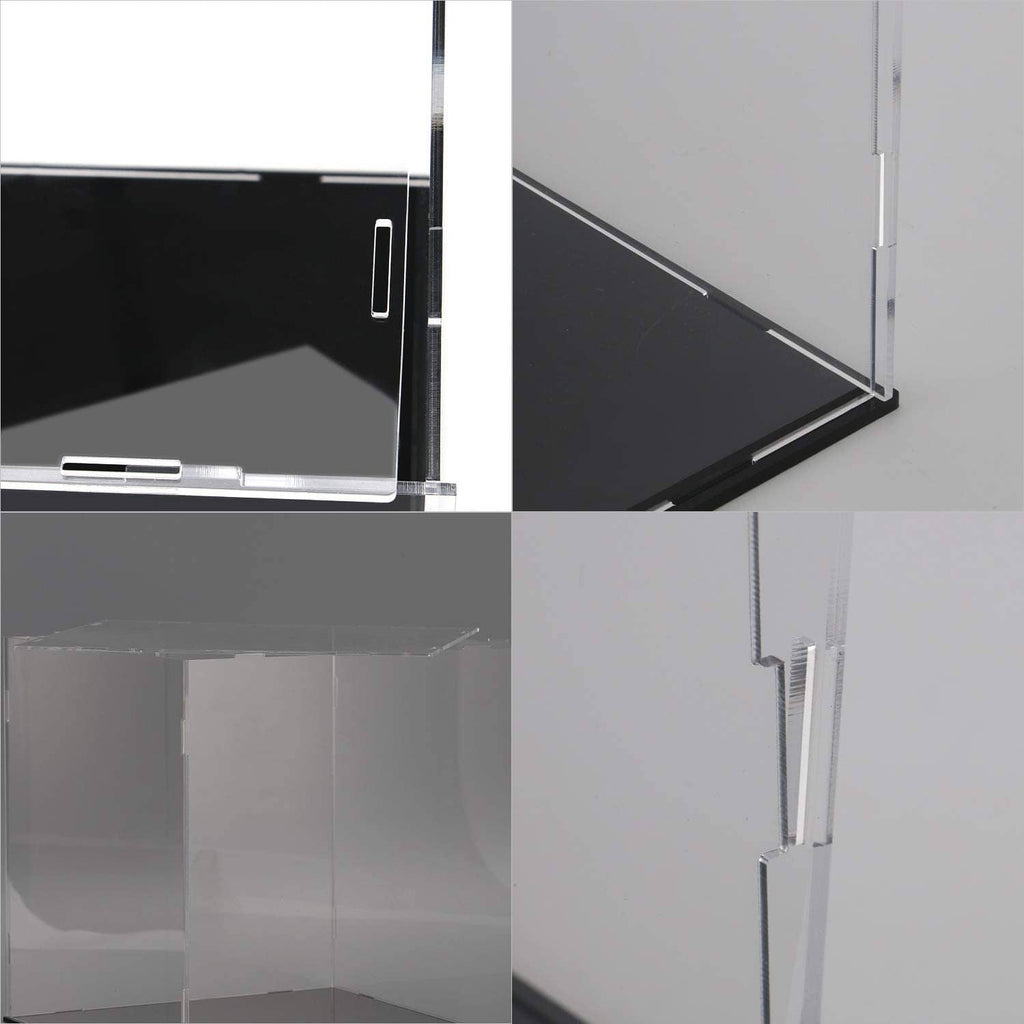 Clear acrylic display case corner with black base and side opening