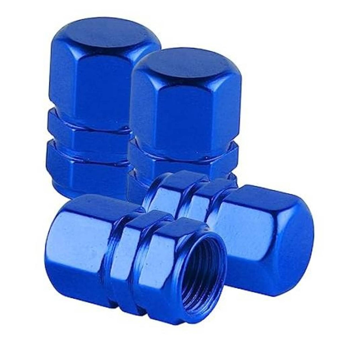 Blue aluminum tire valve stem caps with hex cover tops and threaded openings (4-pack).