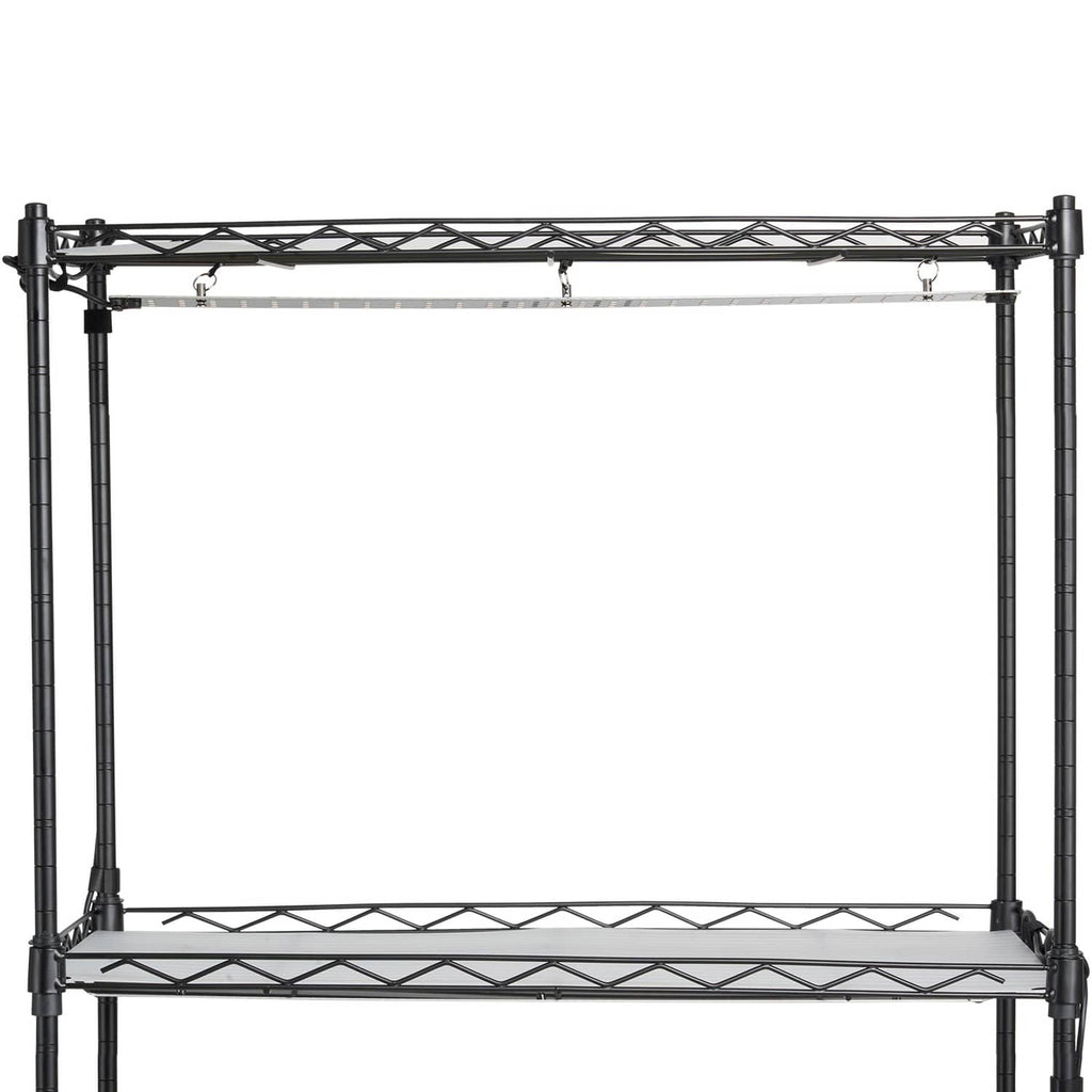 Upper frame of 4-tier plant grow shelf with horizontal bar and hanging grow lights