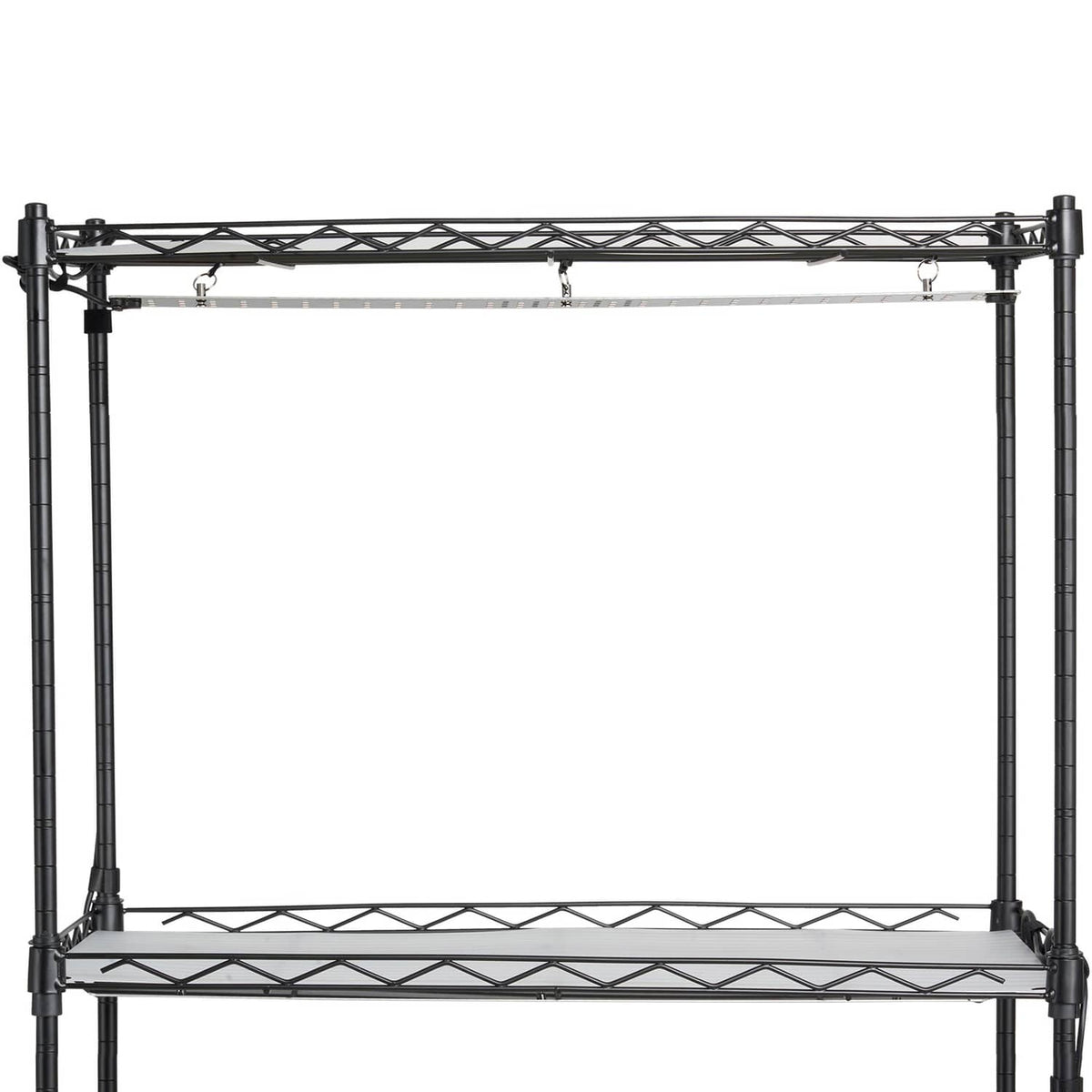 Upper frame of 4-tier plant grow shelf with horizontal bar and hanging grow lights