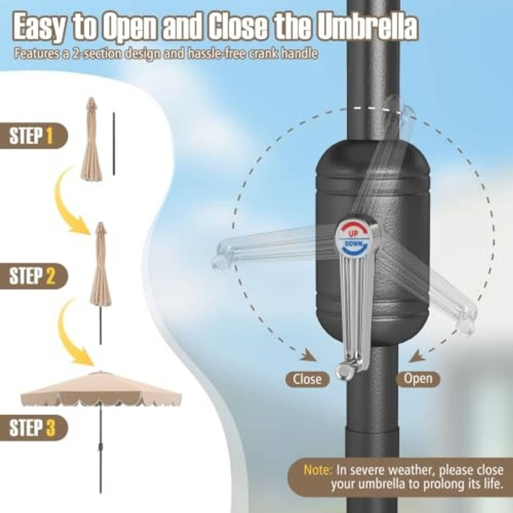 Two-section patio umbrella open-and-close mechanism with tilt pole, beige canopy