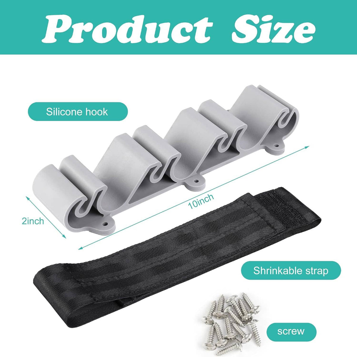 Vertical fishing rod holders with gray hooks, black strap, and included screws