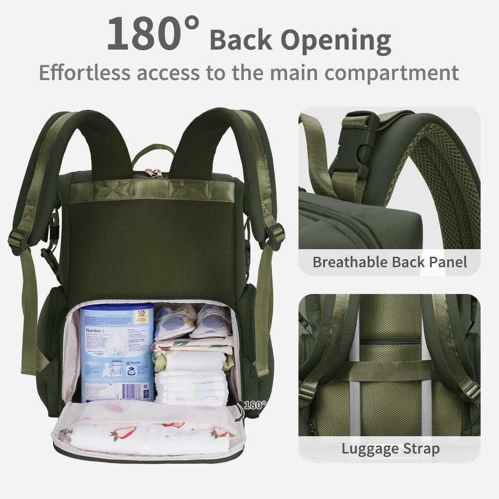 Green diaper bag backpack with wide 180-degree back opening and breathable back panel.