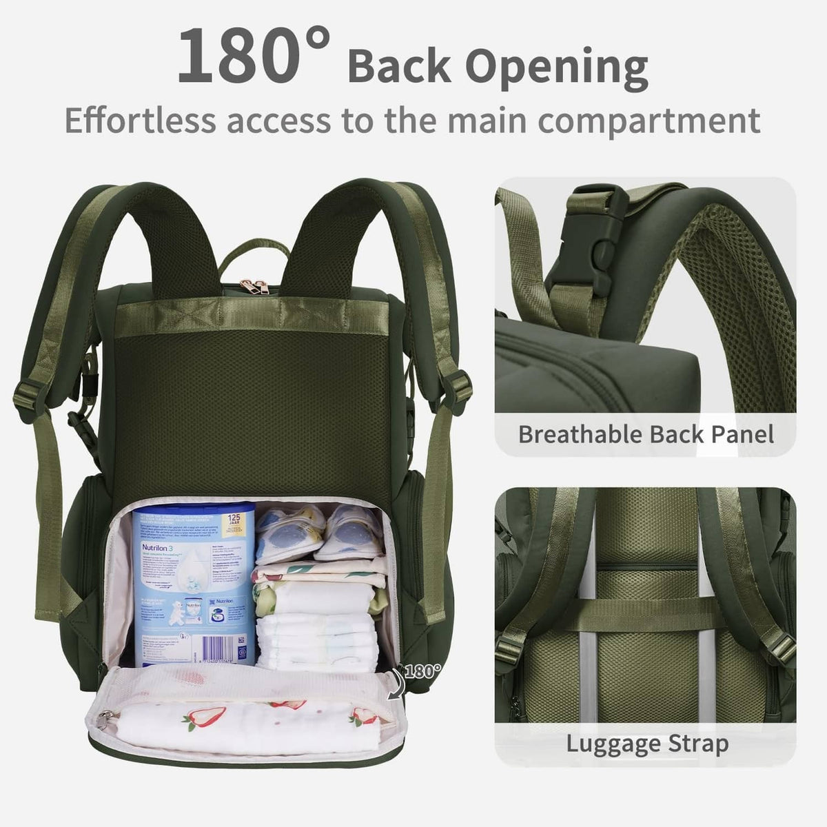 Green diaper bag backpack with wide 180-degree back opening and breathable back panel.