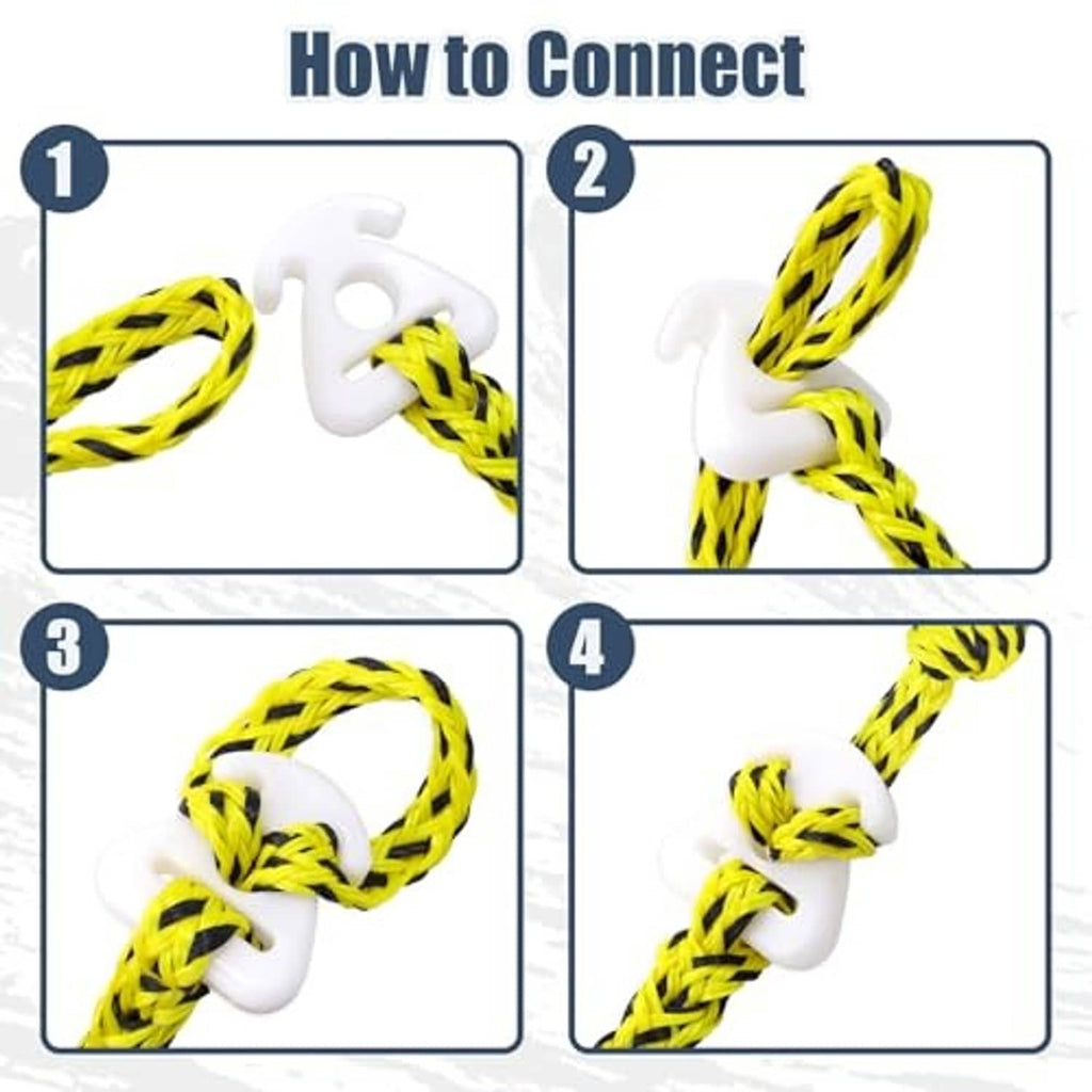 White connector clasp holding yellow and black braided tow rope
