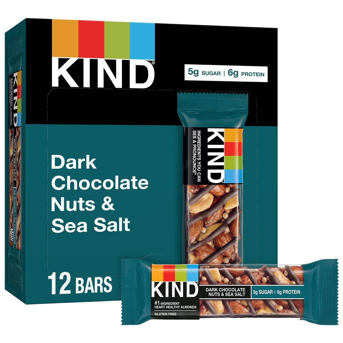 Kind dark chocolate nuts and sea salt snack bar box, 12-count with bar pictured