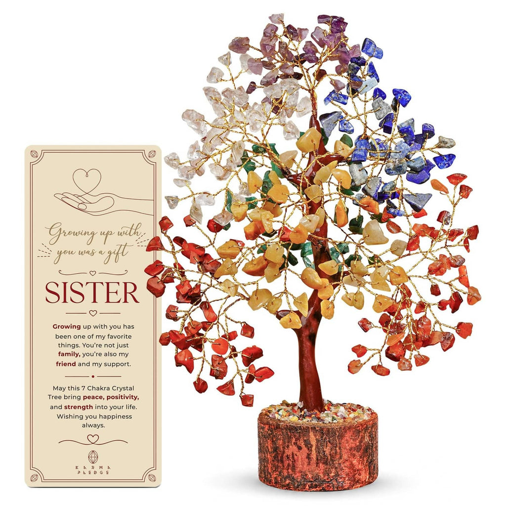 7 chakra crystal tree of life ornament with multicolor gemstone branches in resin base