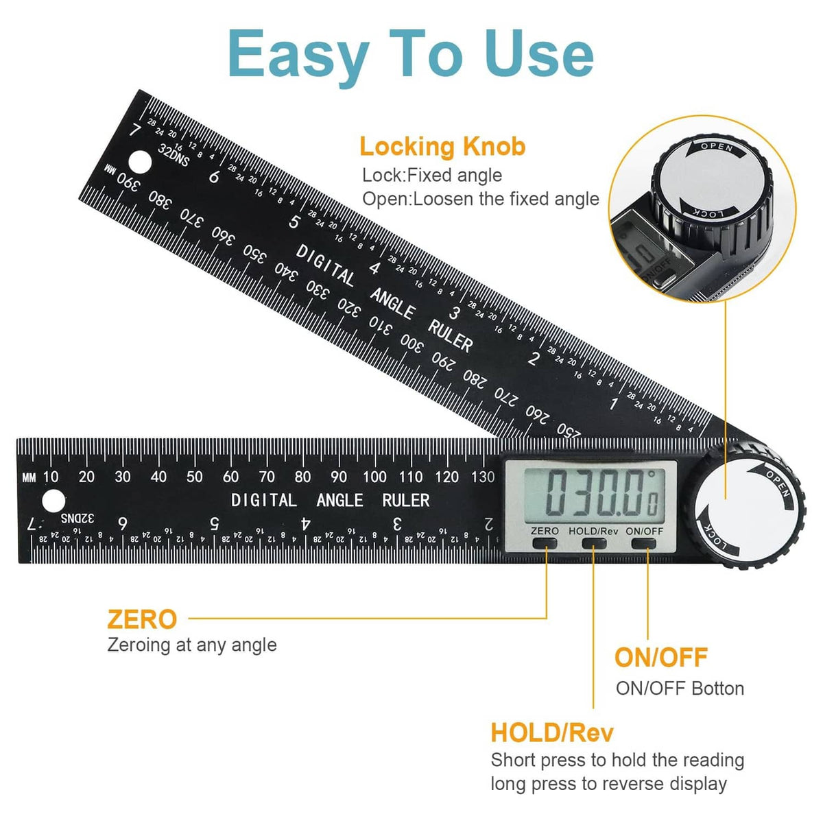 Black digital angle ruler with LCD, zero/hold and on/off controls, locking knob