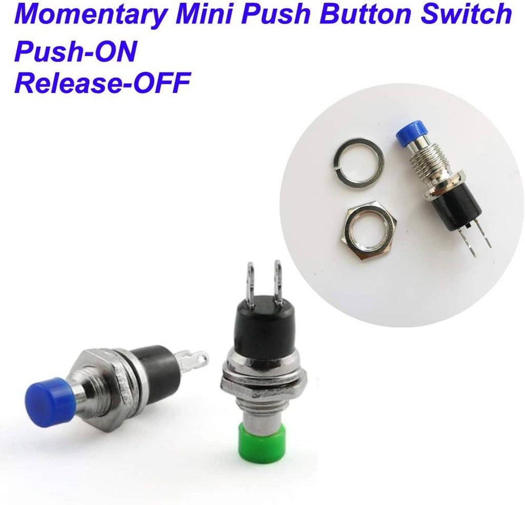Momentary mini push button switch set, blue and green caps, metal terminals, illustrated close-up