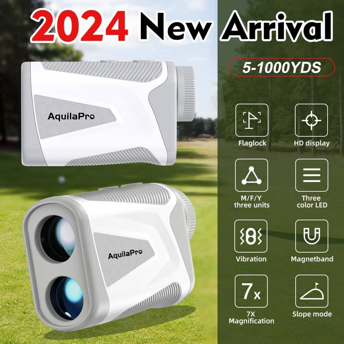 White AquilaPro mini golf rangefinder with lens and control buttons overlay