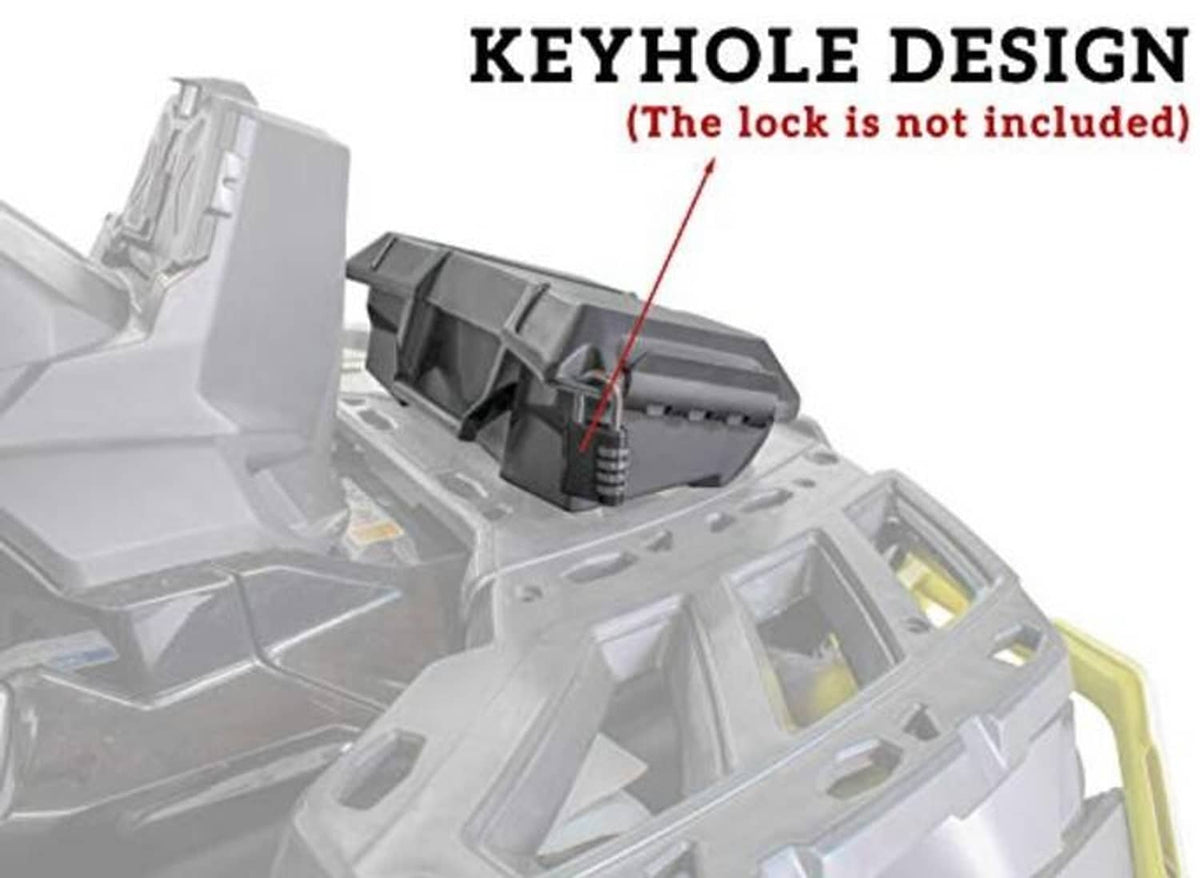ATV cargo box lock area with keyhole design on top bracket (lock not shown)