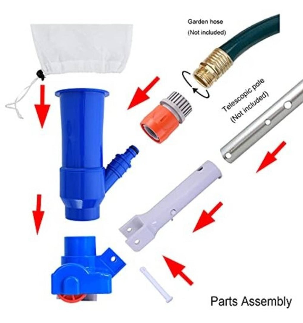 Pool jet vacuum parts assembly: blue body, red adapter, mesh bag collar, pole pieces