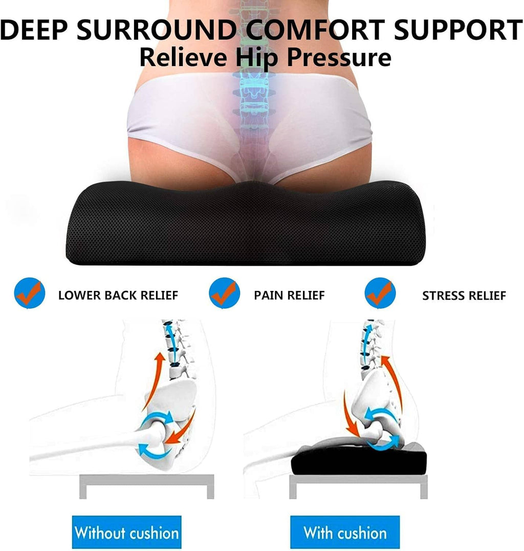 Black seat cushion under seated hips with deep contoured comfort support.