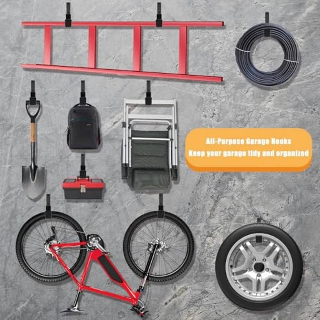 Garage wall hook set with L-shaped black hooks holding tools, hose, and accessories